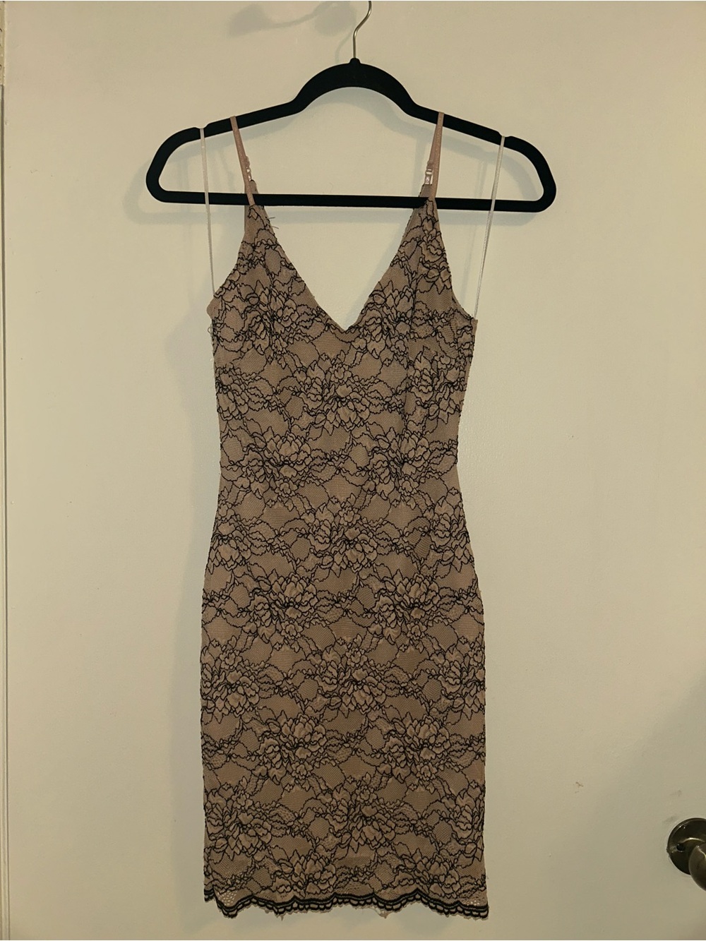Windsor Nude Slip Dress with Black Lace Overlay